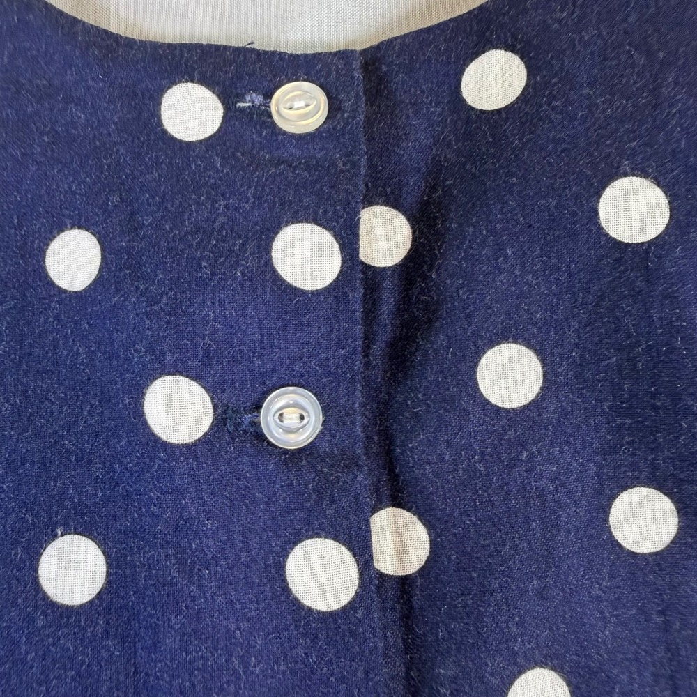 Vintage Helen's Navy Polka Dot Jumpsuit Kids Puff Balloon Sleeve USA 80s Retro - Picture 9 of 9